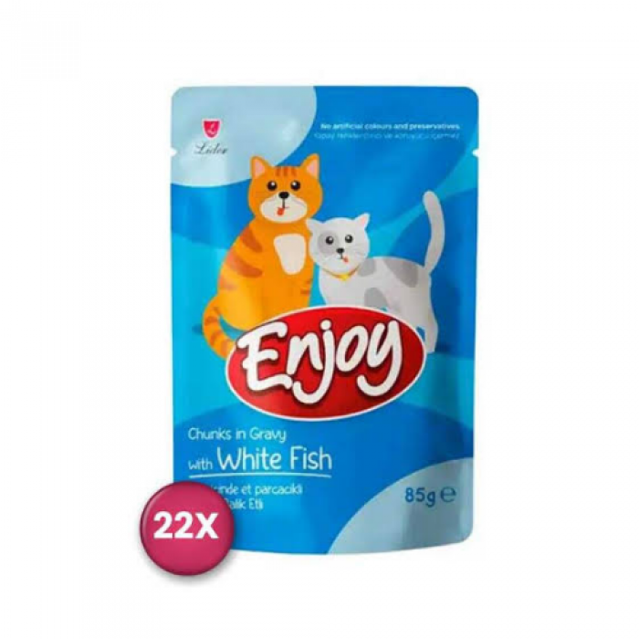 Enjoy Pouch Sos İçinde Et Parçacıklı Beyaz Balıklı Yetişkin Kedi Konservesi 85 Gr x 22 Adet